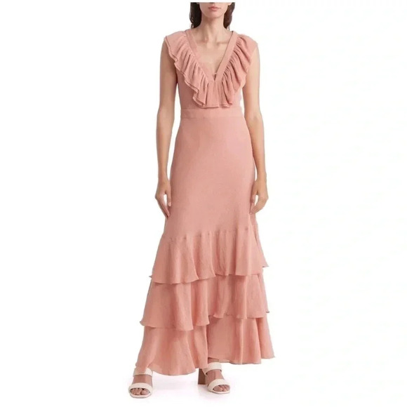 NWT Ted Baker London Ashleigh Crinkle Crepe Ruffle Dusty Pink Maxi Dress Size 5 - Picture 3 of 6